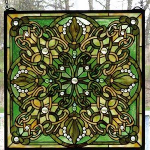 Emerald & Kelly Green Lace Pattern Stained Glass Panel