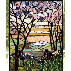 Magnolia Landscape Tiffany Stained Glass Window Panel