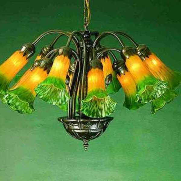 Amber Green Lily Tiffany Stained Glass Chandelier