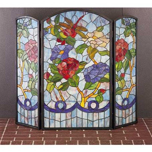 Dragonfly Flower Tiffany Stained Glass Fireplace Screen