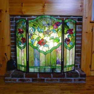 Butterfly Garden Tiffany Stained Glass Fireplace Screens