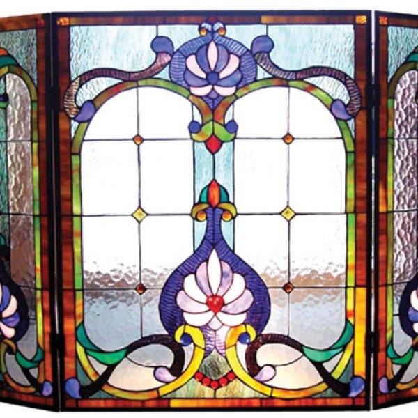 Victorian Purple Tiffany Stained Glass Fireplace Screens