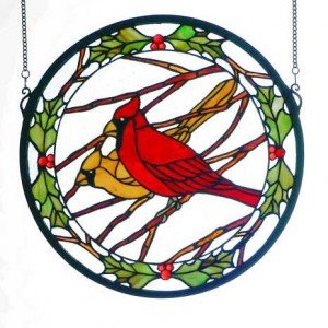 Cardinals Tiffany Stained Glass Holly Window Panel