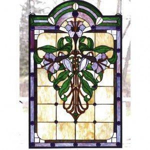 Nouveau Lily Tiffany Stained Glass Window Panel