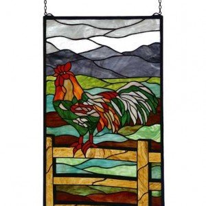 Country Rooster Tiffany Stained Glass Window Panel