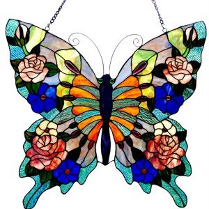 Butterfly Roses Tiffany Stained Glass Window Panel