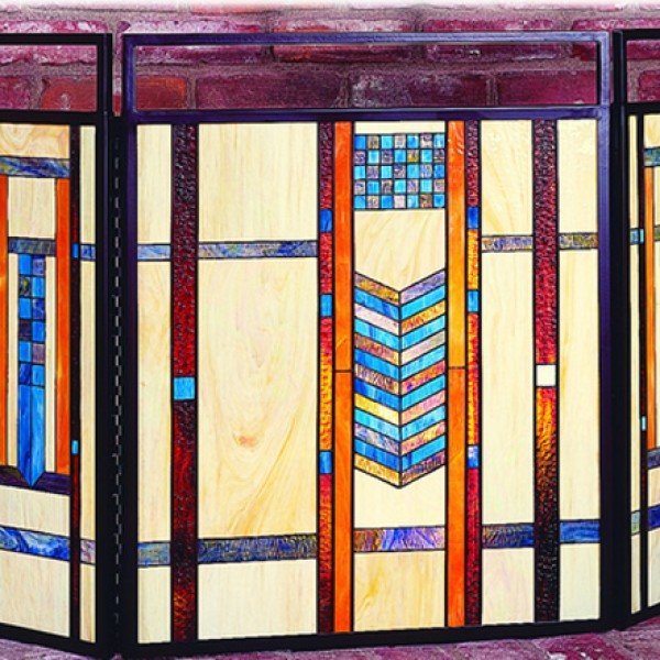 Teal Mission Tiffany Stained Glass Fireplace Screens