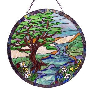 Round Landscape Tiffany Stained Glass Window Panel