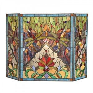 Dragonfly Adorned Tiffany Stained Glass Fireplace Screen