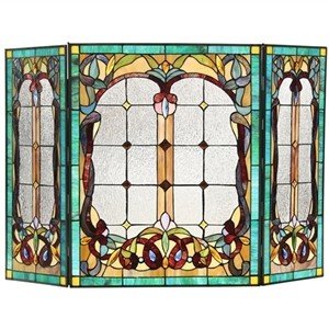 Turquoise Victorian Tiffany Stained Glass Fireplace Screen