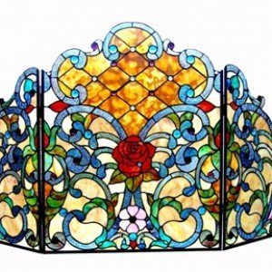 Red Rose Tiffany Stained Glass Fireplace Screen