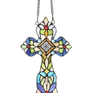 Tiffany Stained Glass Jeweled Cross Window Panel